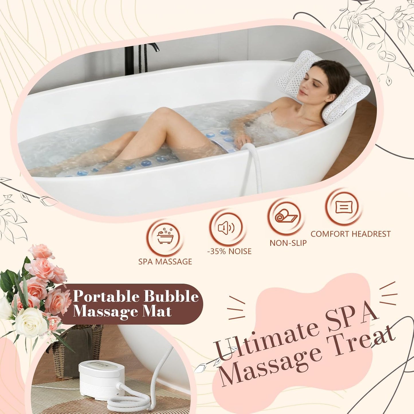 Upgraded Heated Bubble Bath Mat - Warm Air Bubble Massage Mat for Bathtub, Quiet Motor System with Remote Control, Portable Kit for Luxury Home Spa Experience