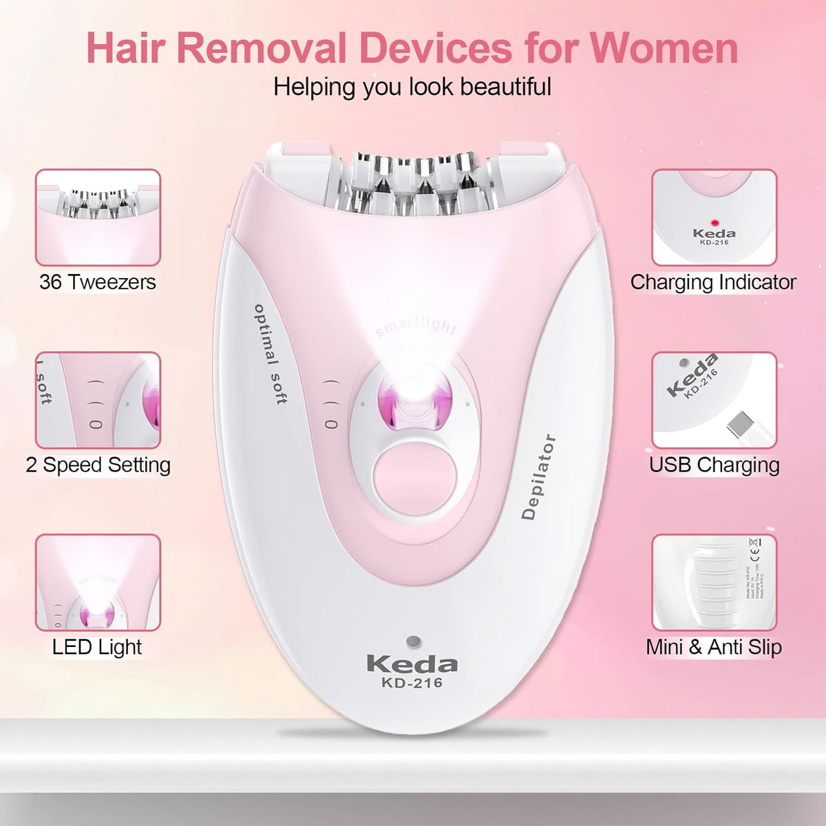 Epilator for Women, 2 Speeds Facial Hair Removal Device with LED Light, 36 Tweezers & Massage Pad, Rechargeable Epilator Hair Removal for Armpit, Arm, Leg, Bikini, Face, Body
