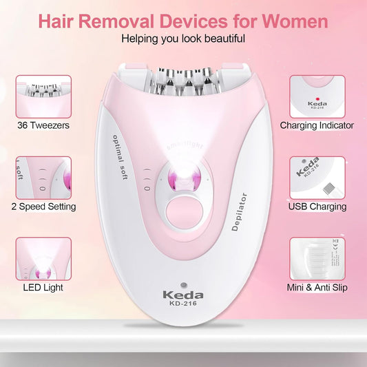 Epilator for Women, 2 Speeds Facial Hair Removal Device with LED Light, 36 Tweezers & Massage Pad, Rechargeable Epilator Hair Removal for Armpit, Arm, Leg, Bikini, Face, Body