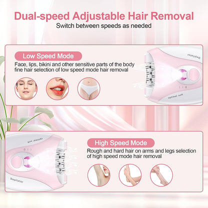 Epilator for Women, 2 Speeds Facial Hair Removal Device with LED Light, 36 Tweezers & Massage Pad, Rechargeable Epilator Hair Removal for Armpit, Arm, Leg, Bikini, Face, Body