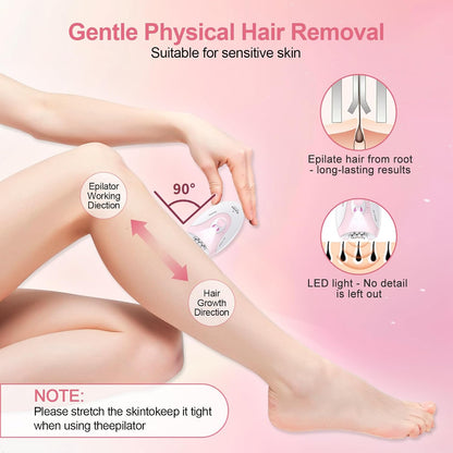 Epilator for Women, 2 Speeds Facial Hair Removal Device with LED Light, 36 Tweezers & Massage Pad, Rechargeable Epilator Hair Removal for Armpit, Arm, Leg, Bikini, Face, Body
