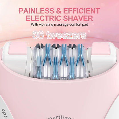 Epilator for Women, 2 Speeds Facial Hair Removal Device with LED Light, 36 Tweezers & Massage Pad, Rechargeable Epilator Hair Removal for Armpit, Arm, Leg, Bikini, Face, Body