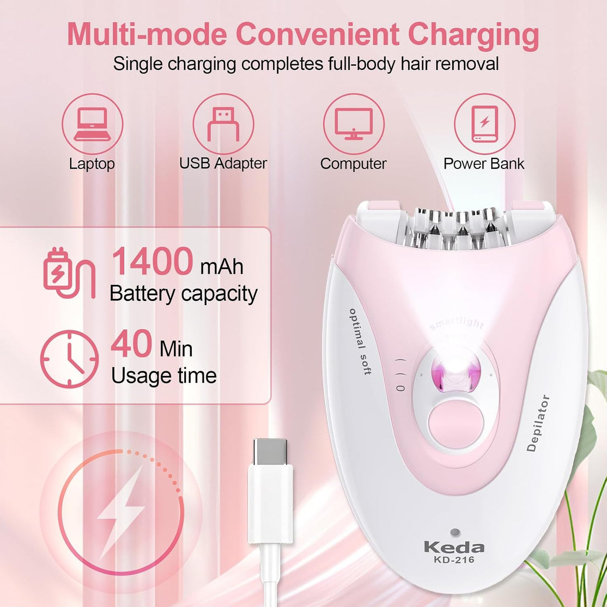 Epilator for Women, 2 Speeds Facial Hair Removal Device with LED Light, 36 Tweezers & Massage Pad, Rechargeable Epilator Hair Removal for Armpit, Arm, Leg, Bikini, Face, Body