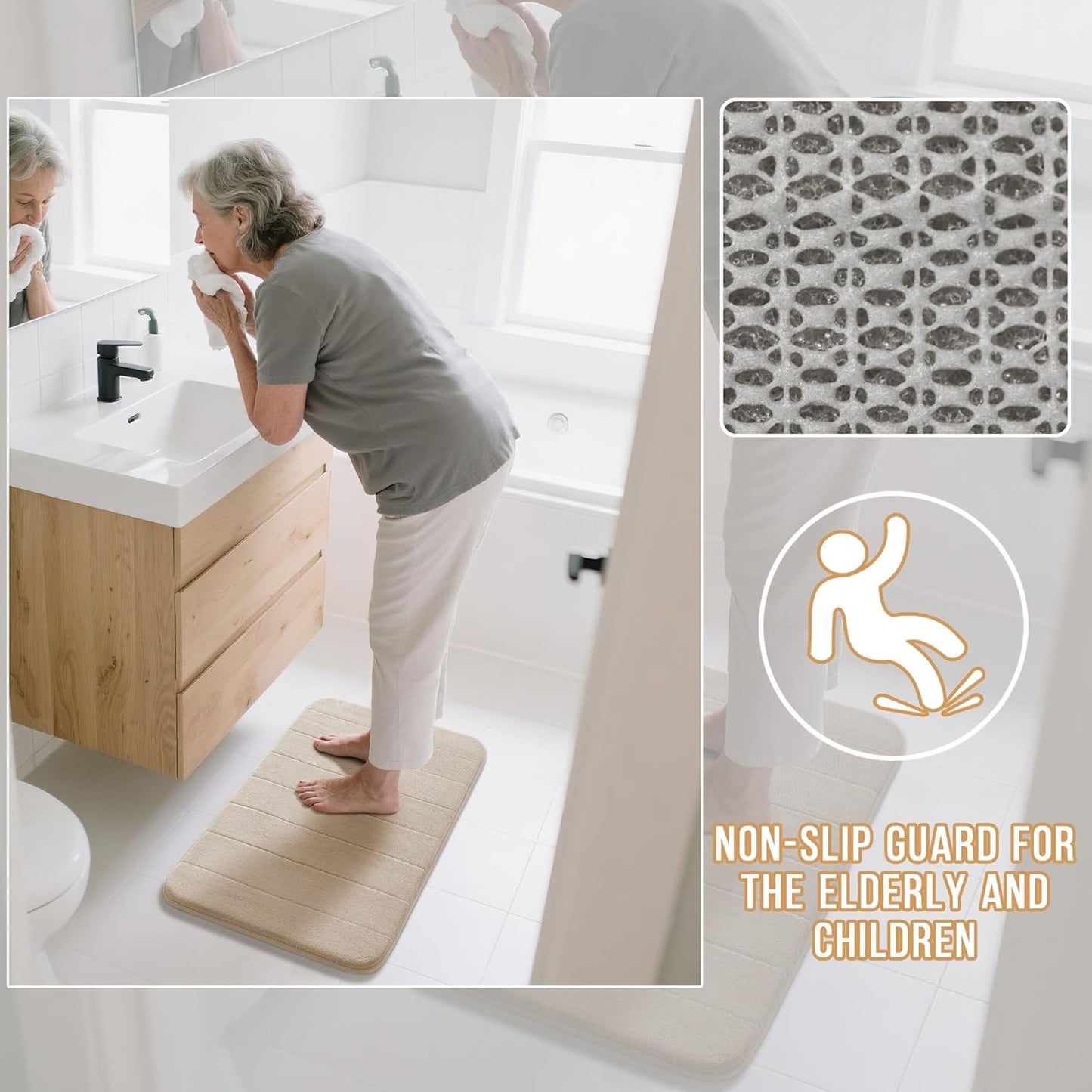 Memory Foam Bath Mat, Super Soft Absorbent Bathroom Rug Non Slip 31.5x20 Inch, Quick Dry, Machine Washable Floor Carpet for Tub Shower, Home Decor Accessories, Beige