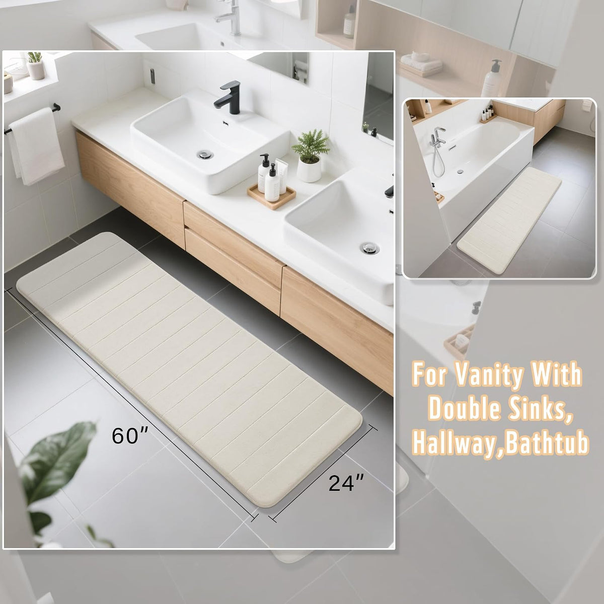 Memory Foam Bath Mat, Super Soft Absorbent Bathroom Rug Non Slip 31.5x20 Inch, Quick Dry, Machine Washable Floor Carpet for Tub Shower, Home Decor Accessories, Beige