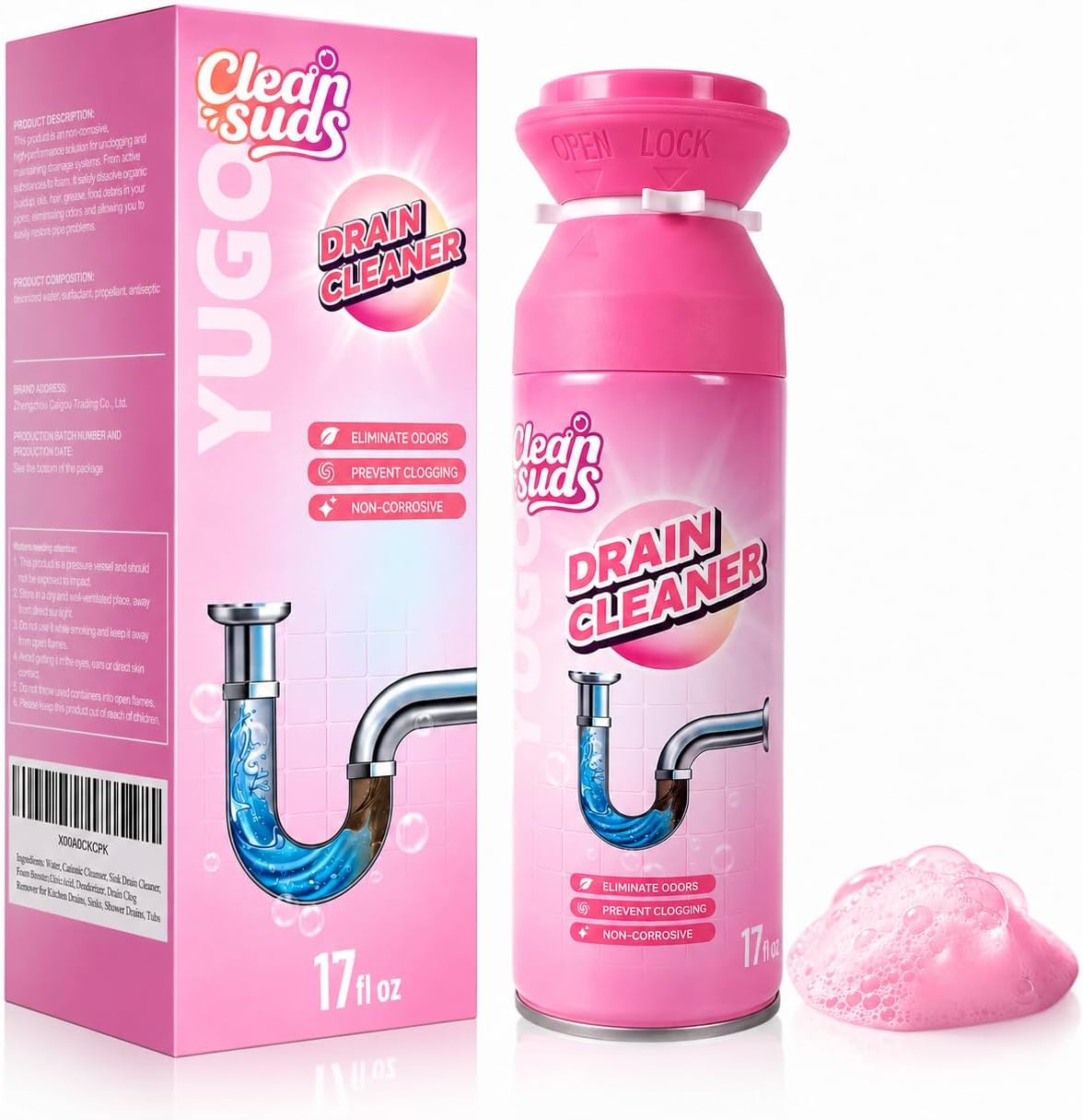 Yugou Foaming Sink Drain Cleaner & Deodorizer, Drain Clog Remover (2pcs)