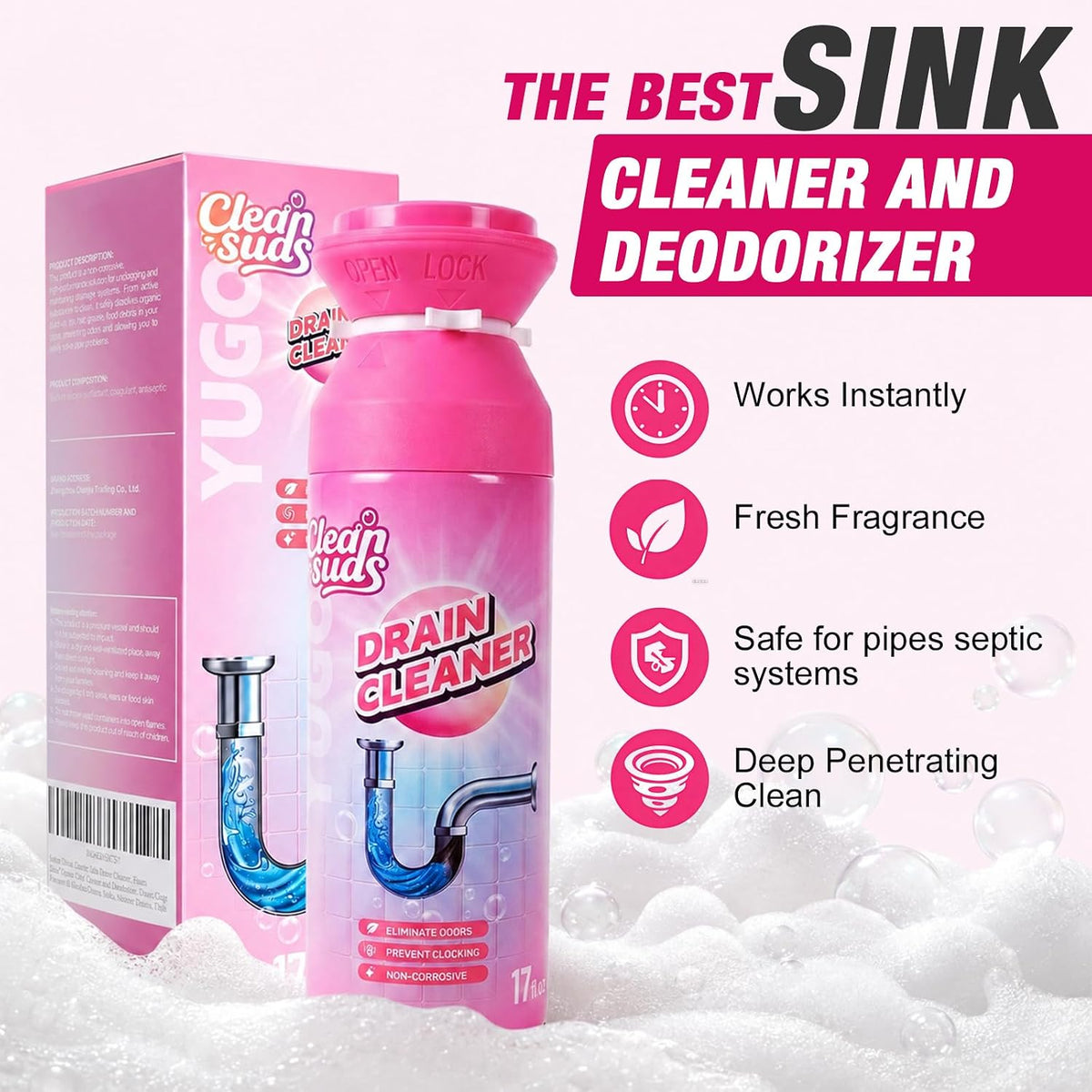 Yugou Foaming Sink Drain Cleaner & Deodorizer, Drain Clog Remover (2pcs)