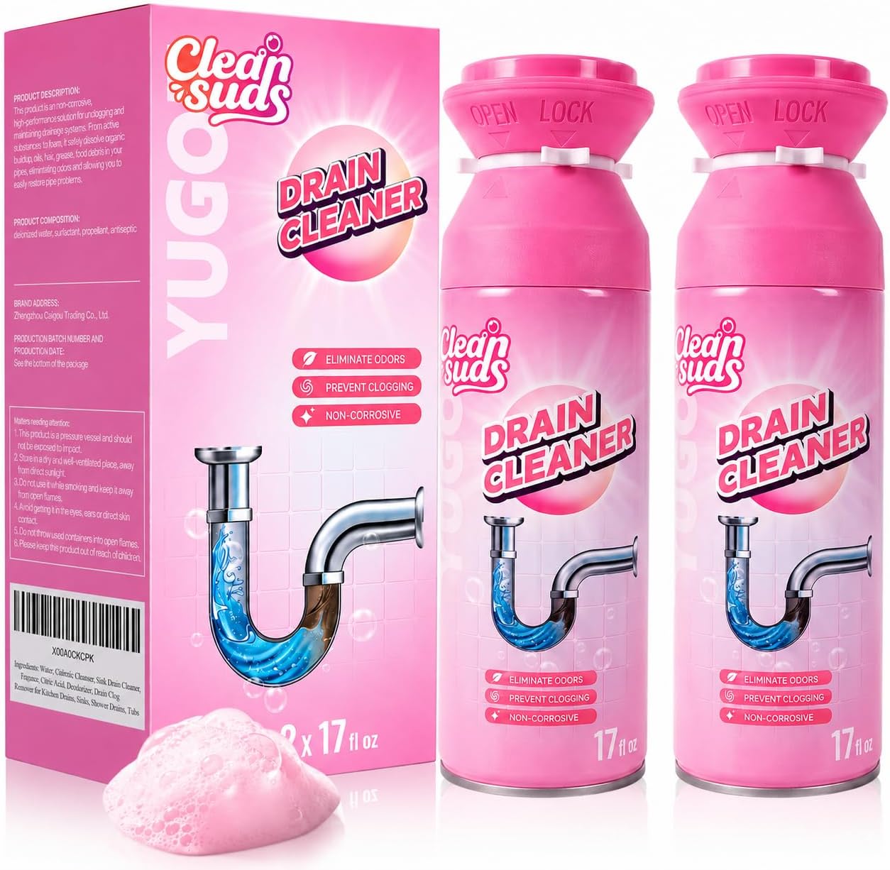 Yugou Foaming Sink Drain Cleaner & Deodorizer, Drain Clog Remover (2pcs)