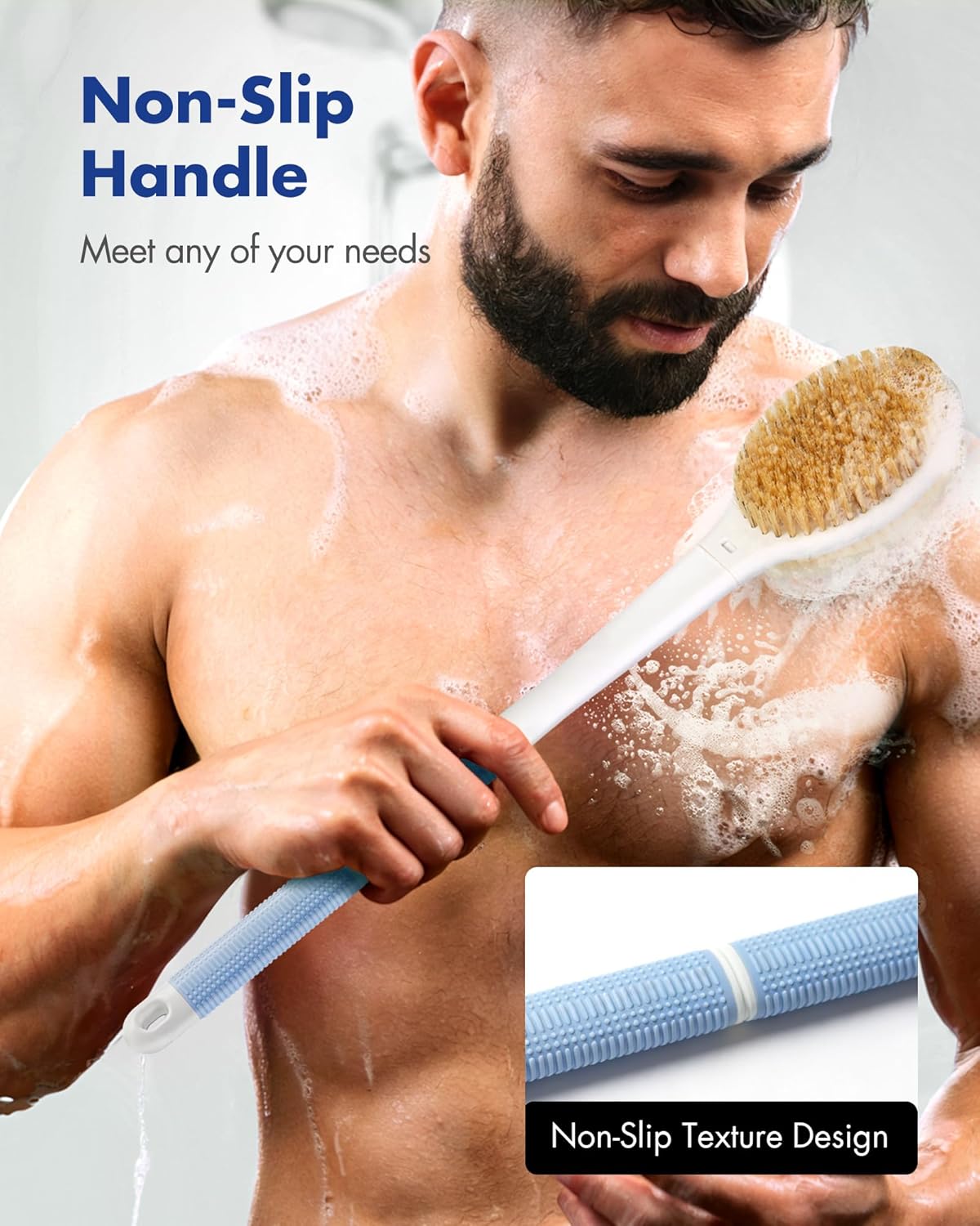 Dry Brushing Body Brush for Massage - Natural Boar Bristle Exfoliating Brush with Massage Nodes for Lymphatic Drainage, Cellulite, Blood Circulation Improving Skin Health for Women Men Elderly(Grey)
