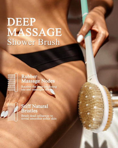 Dry Brushing Body Brush for Massage - Natural Boar Bristle Exfoliating Brush with Massage Nodes for Lymphatic Drainage, Cellulite, Blood Circulation Improving Skin Health for Women Men Elderly(Grey)