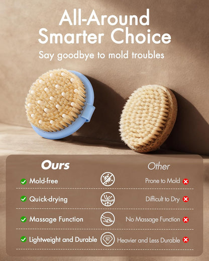 Dry Brushing Body Brush for Massage - Natural Boar Bristle Exfoliating Brush with Massage Nodes for Lymphatic Drainage, Cellulite, Blood Circulation Improving Skin Health for Women Men Elderly(Grey)