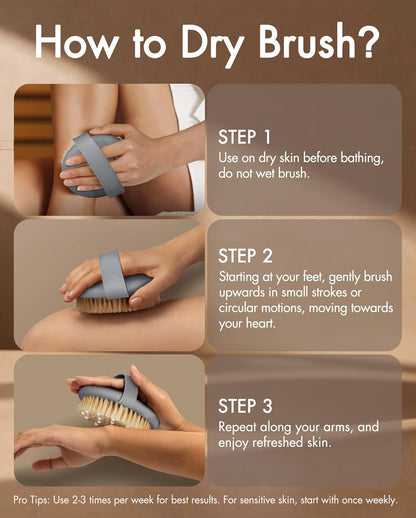 Dry Brushing Body Brush for Massage - Natural Boar Bristle Exfoliating Brush with Massage Nodes for Lymphatic Drainage, Cellulite, Blood Circulation Improving Skin Health for Women Men Elderly(Grey)