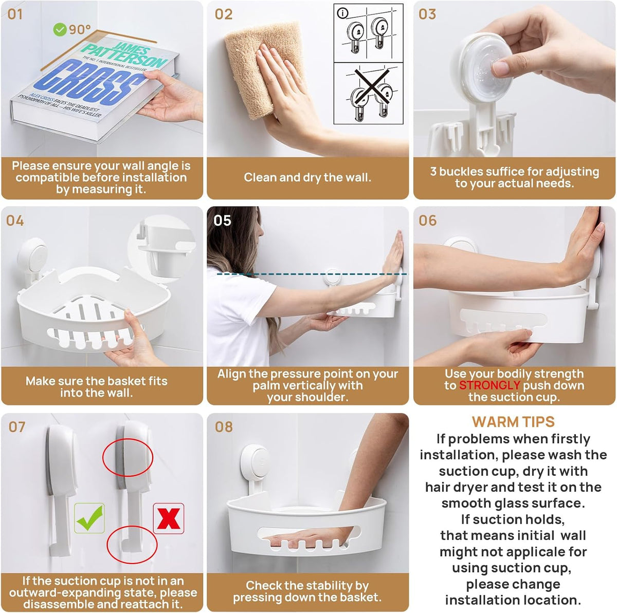 Corner Shower Caddy Suction Cup, shower shelves suction cup, White