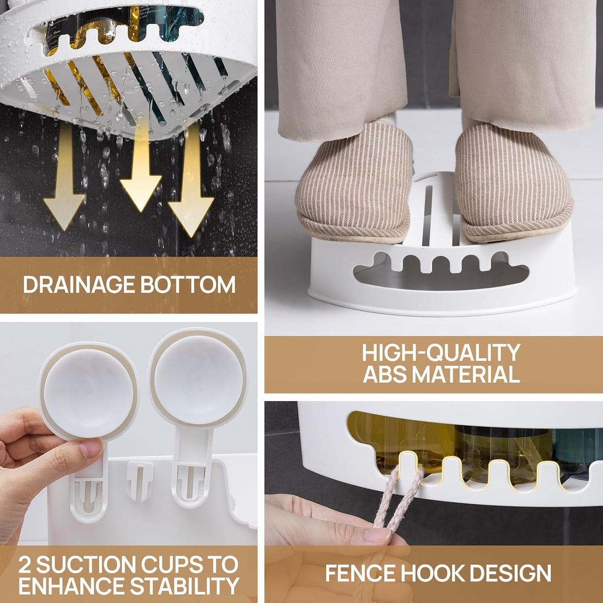 Corner Shower Caddy Suction Cup, shower shelves suction cup, White