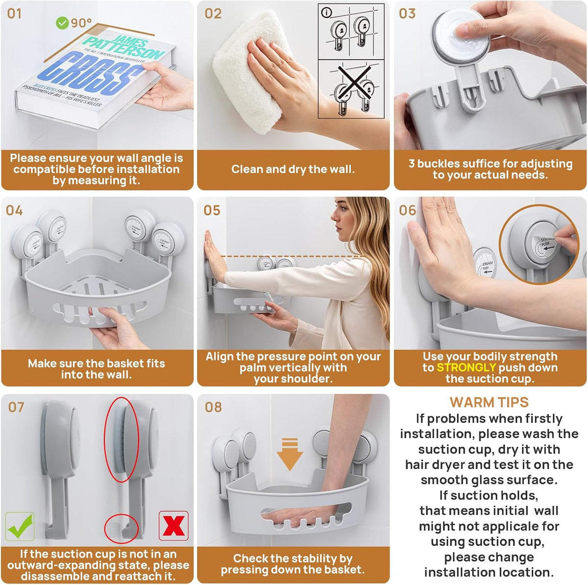 Corner Shower Caddy Suction Cup, shower shelves suction cup, White
