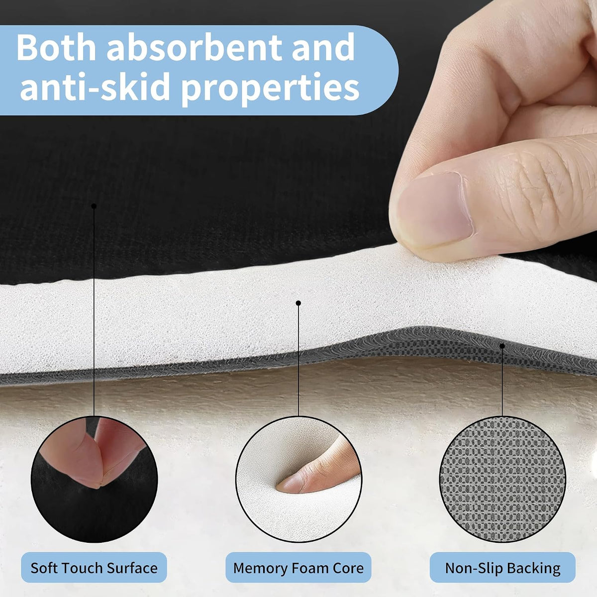 Memory Foam Bath Mats - 20" x 32" for Bathroom Floor Shower & Tub, Grey Bathroom Rugs Non Slip Washable, Water Absorbent Bath Rugs, Quick Dry Bath Carpet for Decor