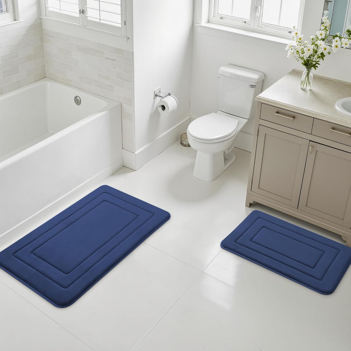 Memory Foam Bath Mats - 20" x 32" for Bathroom Floor Shower & Tub, Grey Bathroom Rugs Non Slip Washable, Water Absorbent Bath Rugs, Quick Dry Bath Carpet for Decor