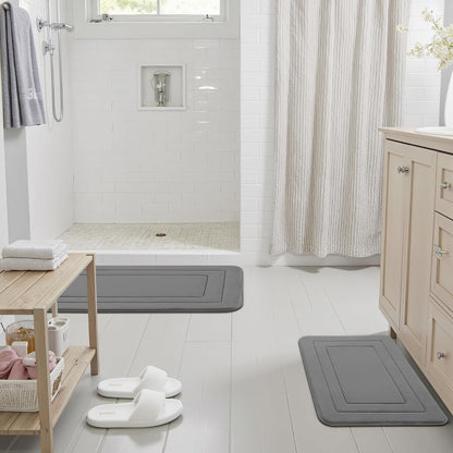Memory Foam Bath Mats - 20" x 32" for Bathroom Floor Shower & Tub, Grey Bathroom Rugs Non Slip Washable, Water Absorbent Bath Rugs, Quick Dry Bath Carpet for Decor