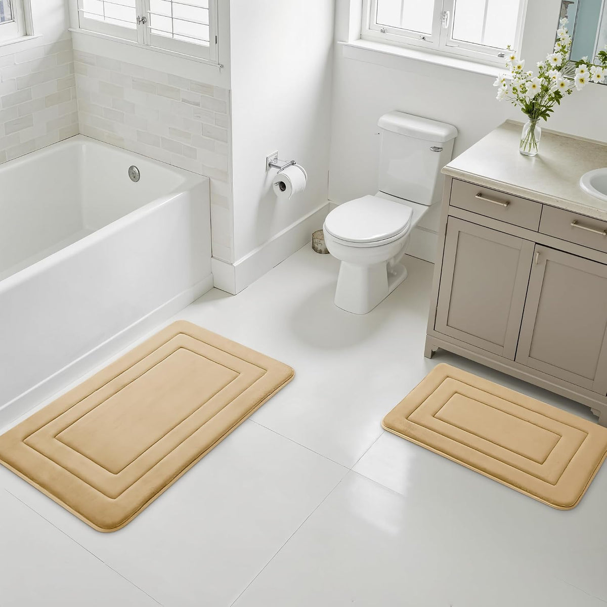 Memory Foam Bath Mats - 20" x 32" for Bathroom Floor Shower & Tub, Grey Bathroom Rugs Non Slip Washable, Water Absorbent Bath Rugs, Quick Dry Bath Carpet for Decor