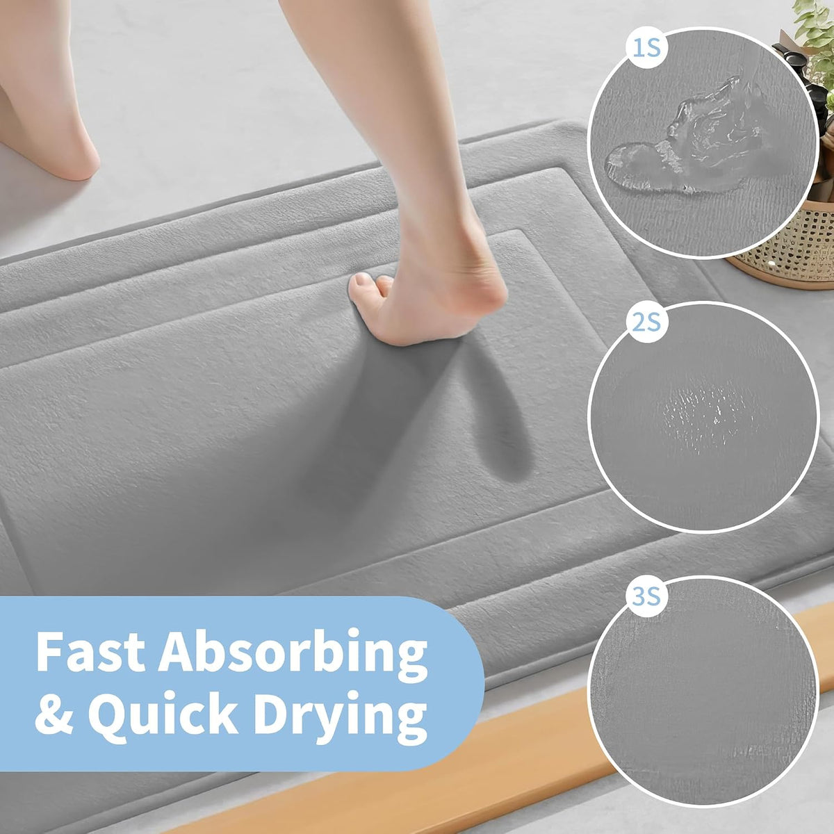 Memory Foam Bath Mats - 20" x 32" for Bathroom Floor Shower & Tub, Grey Bathroom Rugs Non Slip Washable, Water Absorbent Bath Rugs, Quick Dry Bath Carpet for Decor