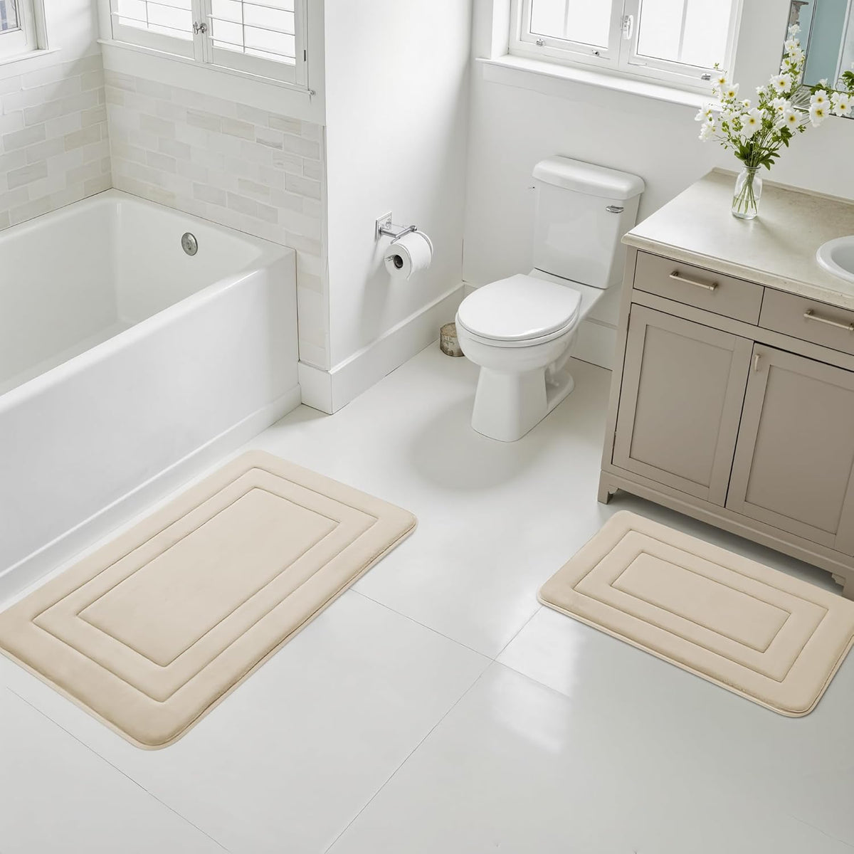 Memory Foam Bath Mats - 20" x 32" for Bathroom Floor Shower & Tub, Grey Bathroom Rugs Non Slip Washable, Water Absorbent Bath Rugs, Quick Dry Bath Carpet for Decor