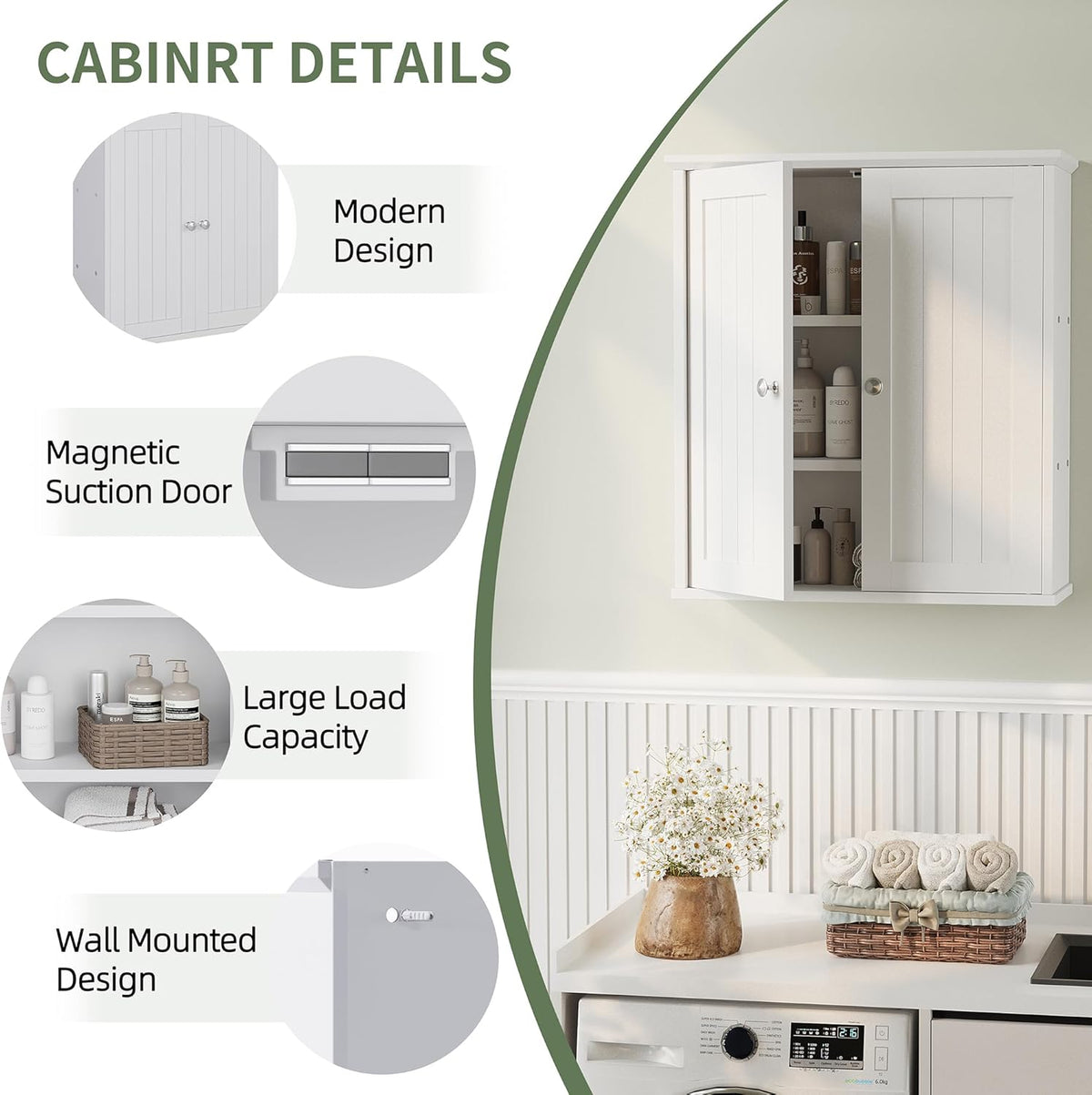 Bathroom Wall Cabinet, Bathroom Cabinet Wall Mount, Over the Toilet Space Saver Storage Cabinets, White Medicine Cabinets with 2 Doors