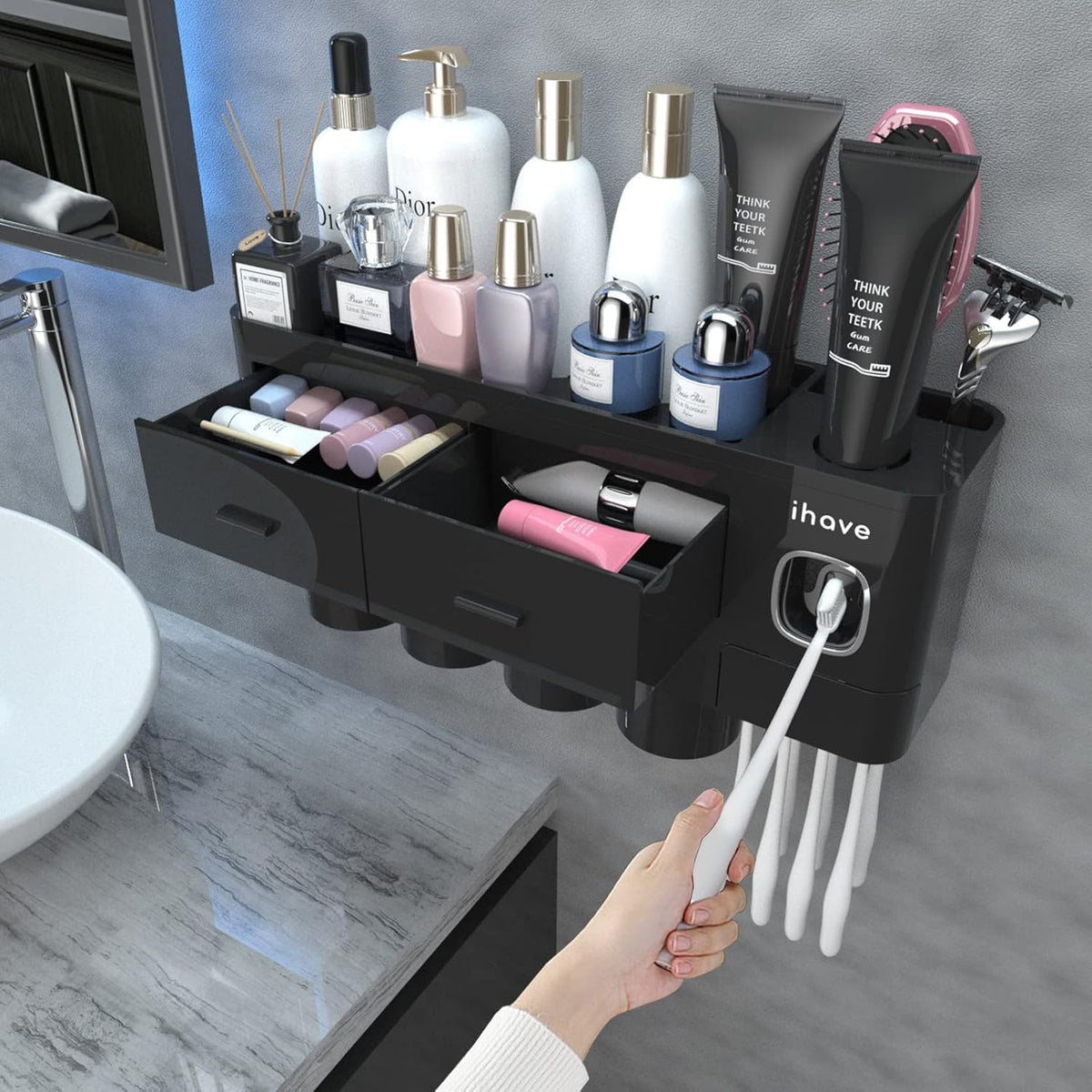 Toothbrush Holders Wall Mounted with Toothpaste Dispenser & 2 Cups
