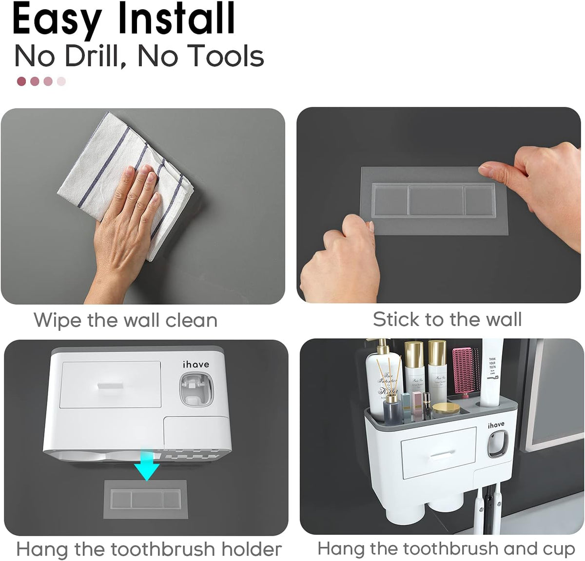 Toothbrush Holders Wall Mounted with Toothpaste Dispenser & 2 Cups
