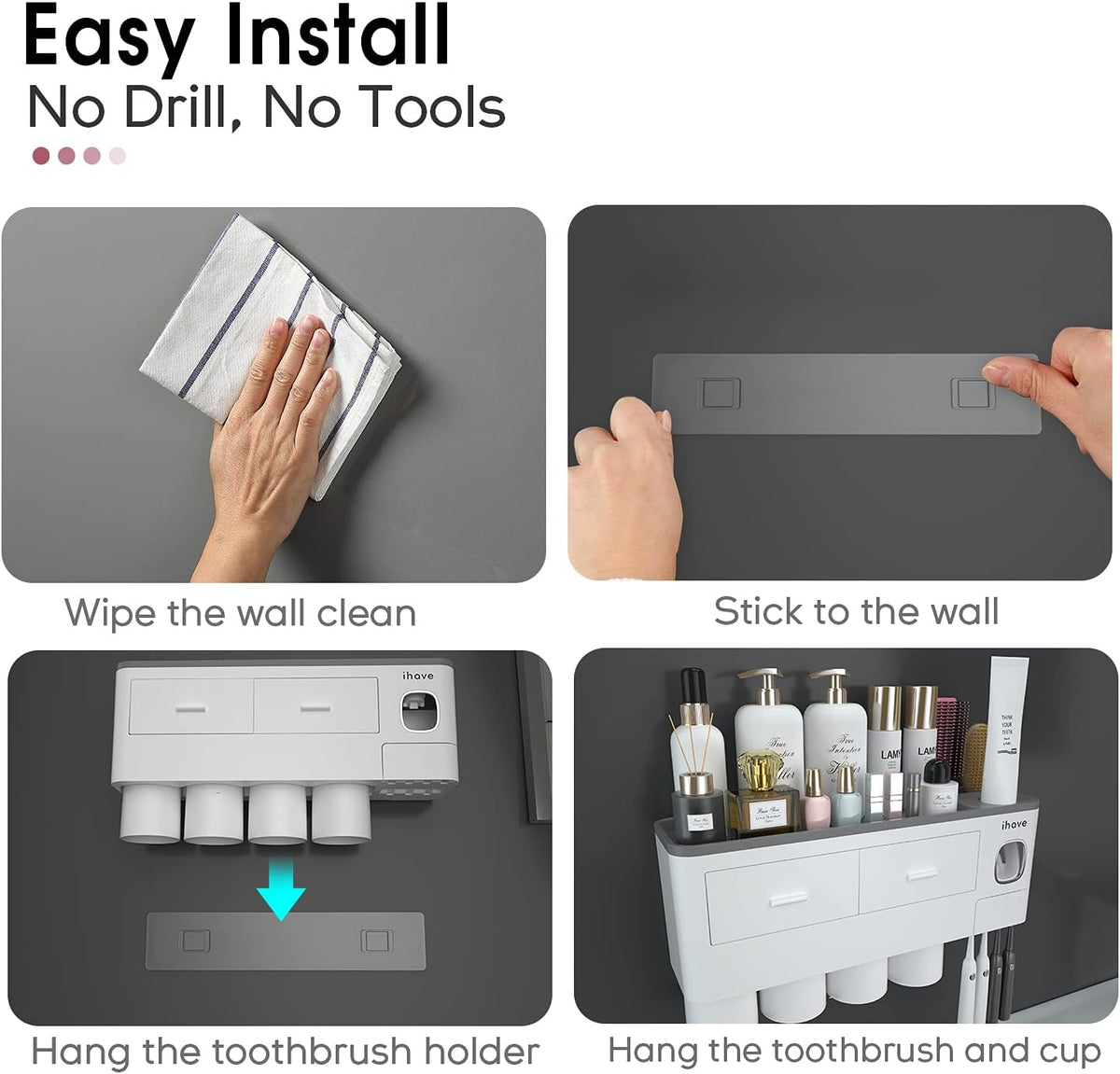 Toothbrush Holders Wall Mounted with Toothpaste Dispenser & 2 Cups
