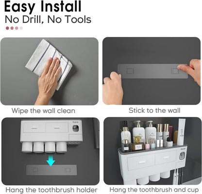 Toothbrush Holders Wall Mounted with Toothpaste Dispenser & 2 Cups
