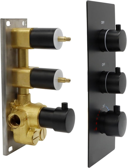 2 Way Shower Diverter Valve Brass Dual Functions Thermostatic Shower Mixing Valve Kit 3 Handle Flow Control Valve, 3/4 Inch Inlet, Can Use All Options At a Time, Matte Black