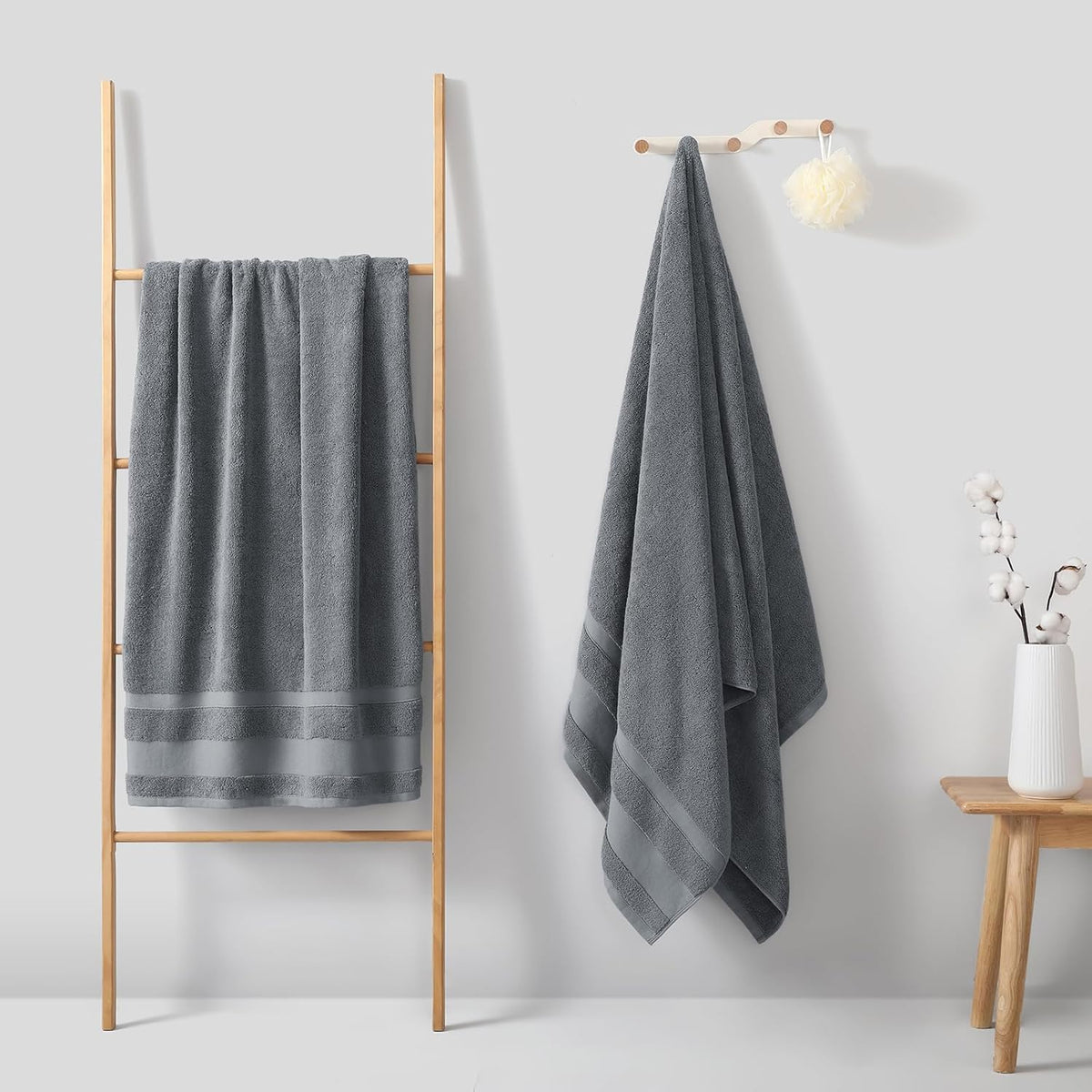 REDKISS 100% Cotton Bath Towels Set of 4, Extra Large Bath Sheets 27 X 59 Inches, 600 GSM, Quick Dry, Ultra Soft & Super Absorbent Bathroom Towel Sets for Bathroom, Gym, Spa, Pool & Hotel, Dark Grey