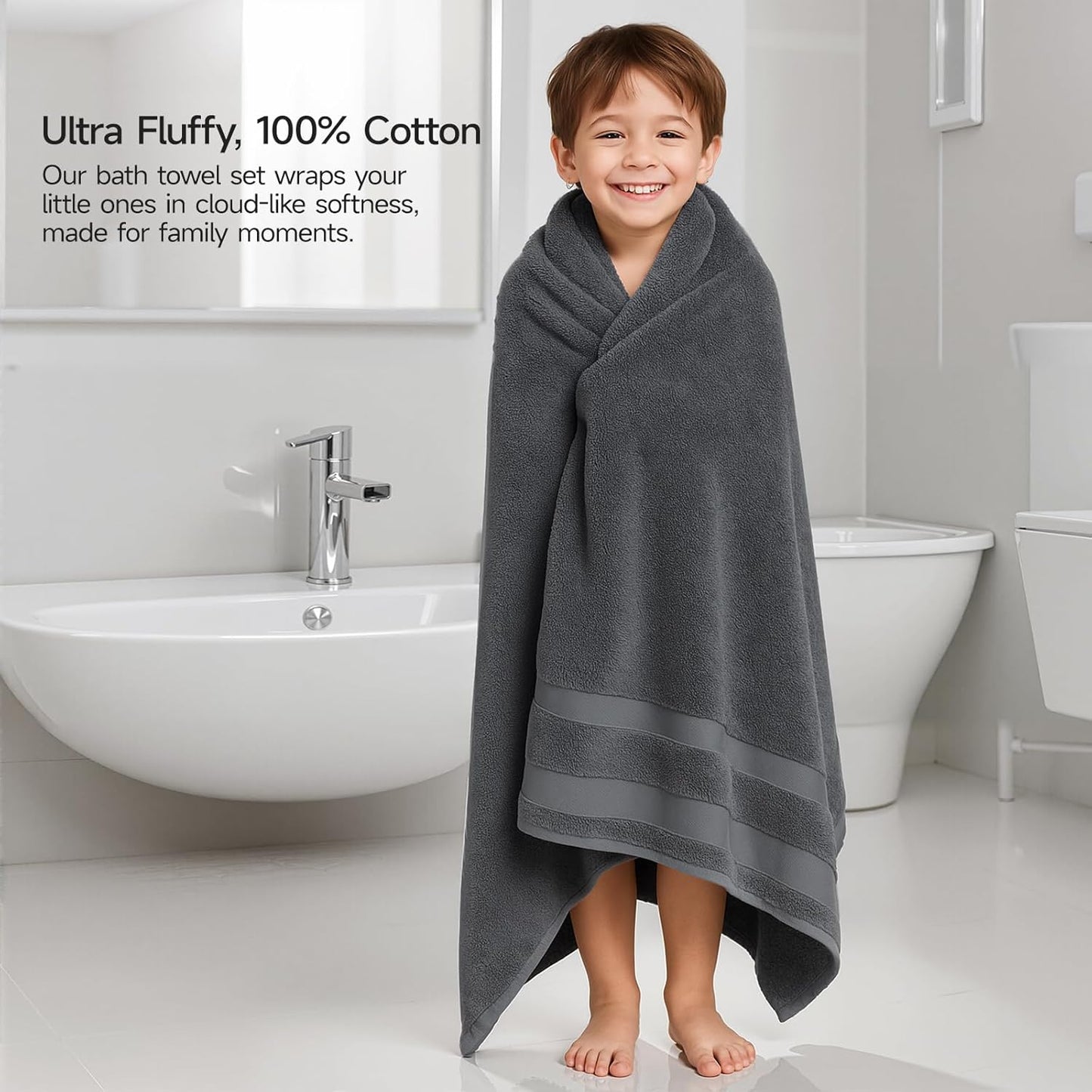 REDKISS 100% Cotton Bath Towels Set of 4, Extra Large Bath Sheets 27 X 59 Inches, 600 GSM, Quick Dry, Ultra Soft & Super Absorbent Bathroom Towel Sets for Bathroom, Gym, Spa, Pool & Hotel, Dark Grey