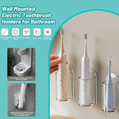 2 Pack Electric Toothbrush Holders for Bathroom, Wall Mounted Clear Electric Toothbrush Organizer, Self Adhesive Bathrooms Toothbrush Storage for Shower, Saving Space and Keep Drying
