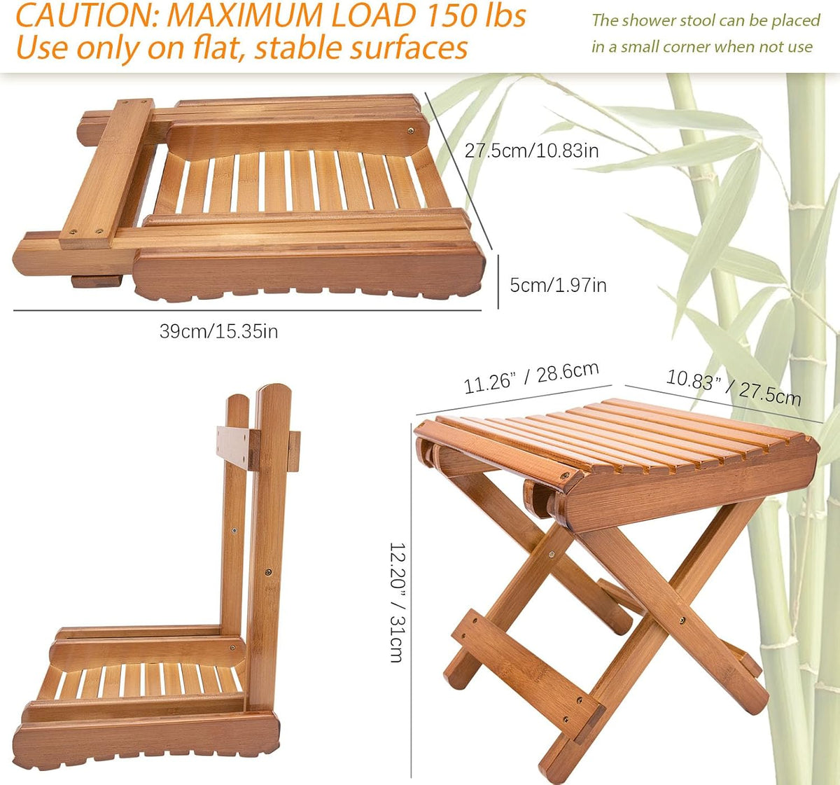 Folding Bamboo Stool for Shower, Leg Shaving and Foot Rest, Natural Bamboo Folding Stool, Folding Bamboo Shower Seat, Fully Assembled, 12 Inch High