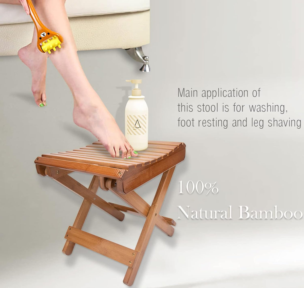 Folding Bamboo Stool for Shower, Leg Shaving and Foot Rest, Natural Bamboo Folding Stool, Folding Bamboo Shower Seat, Fully Assembled, 12 Inch High