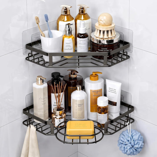 Corner Shower Caddy, Rustproof Shower Organizer with Soap Holder and 8 Hooks, No Drilling Adhesive Shower Shelves for Inside Shower, Large Capacity Shower Rack for Bathroom Shower Storage, Black