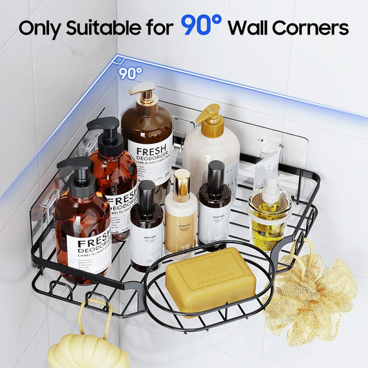 Corner Shower Caddy, Rustproof Shower Organizer with Soap Holder and 8 Hooks, No Drilling Adhesive Shower Shelves for Inside Shower, Large Capacity Shower Rack for Bathroom Shower Storage, Black