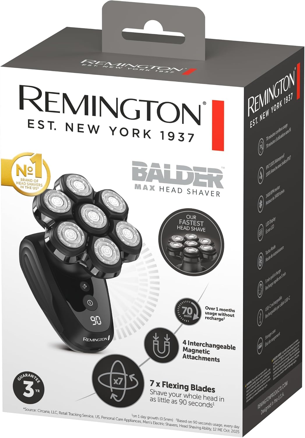 Balder Pro XR7000 Head Shaver for Men, Rotary Wet & Dry Razor | 5 Dual Track Rotary Blades, Hair Capture Chamber, Lithium Rechargeable, Waterproof, Pop-Up Trimmer for Detailing