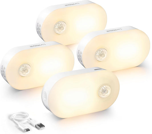 Rechargeable Battery Night Light with Motion Sensor, 4-Pack | Stepless Dimmable, Stick-on LED Nightlights for the Bedroom, Bathroom, Kitchen, Stairs, Hallway, Travel Friendly