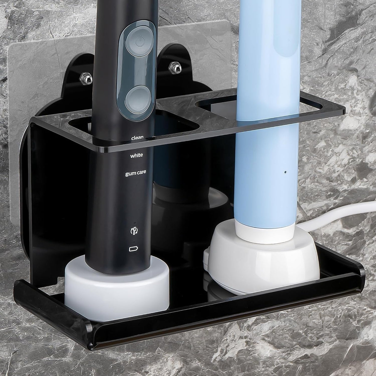 Electric Toothbrush Holder Wall Mounted, Electric Toothbrush Cord Organizer Holds 2 Chargers, Self Adhesive Electric Toothbrush Stand for Bathroom, Medicine Cabinet, Dorm(Black)