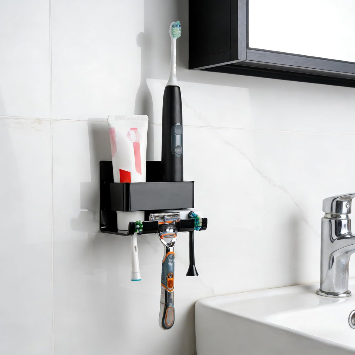 Electric Toothbrush Holder Wall Mounted, Electric Toothbrush Cord Organizer Holds 2 Chargers, Self Adhesive Electric Toothbrush Stand for Bathroom, Medicine Cabinet, Dorm(Black)