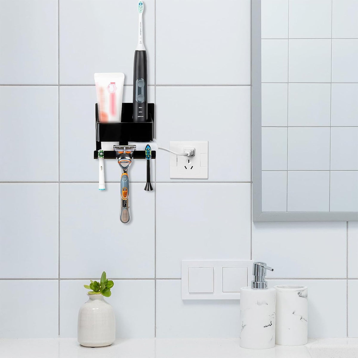 Electric Toothbrush Holder Wall Mounted, Electric Toothbrush Cord Organizer Holds 2 Chargers, Self Adhesive Electric Toothbrush Stand for Bathroom, Medicine Cabinet, Dorm(Black)