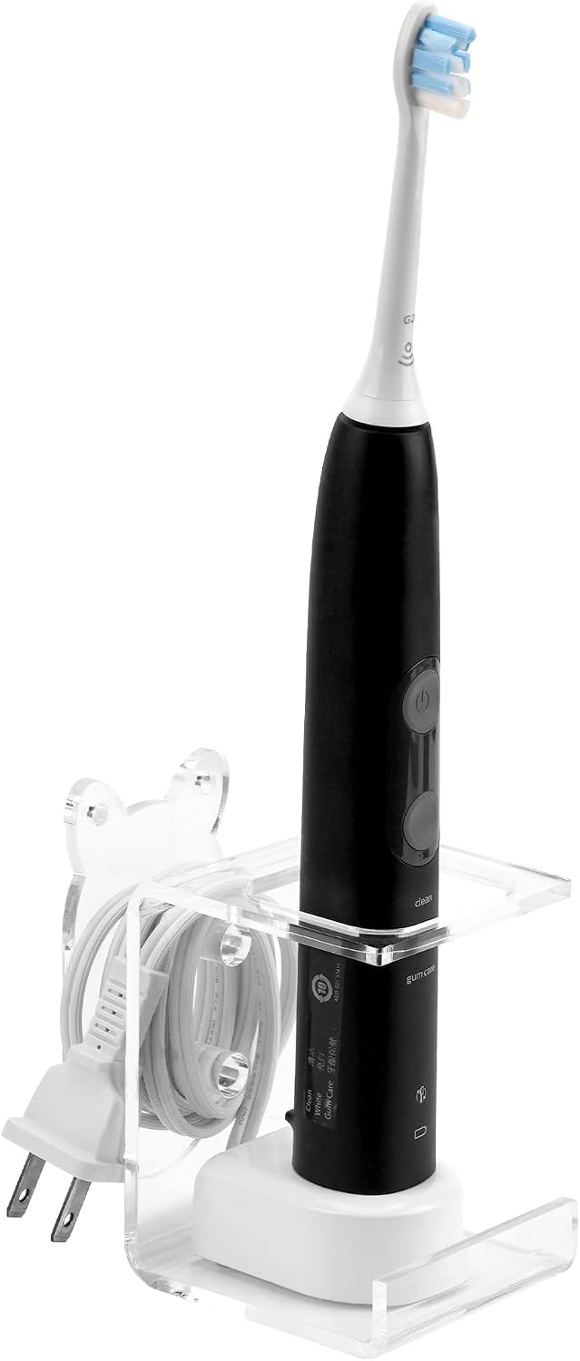 Electric Toothbrush Holder Wall Mounted, Electric Toothbrush Cord Organizer Holds 2 Chargers, Self Adhesive Electric Toothbrush Stand for Bathroom, Medicine Cabinet, Dorm(Black)