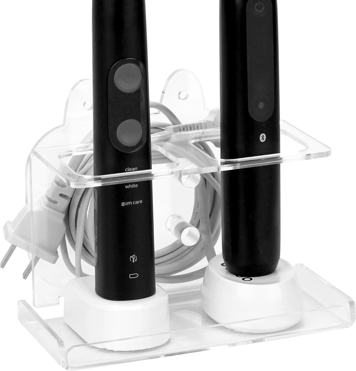 Electric Toothbrush Holder Wall Mounted, Electric Toothbrush Cord Organizer Holds 2 Chargers, Self Adhesive Electric Toothbrush Stand for Bathroom, Medicine Cabinet, Dorm(Black)
