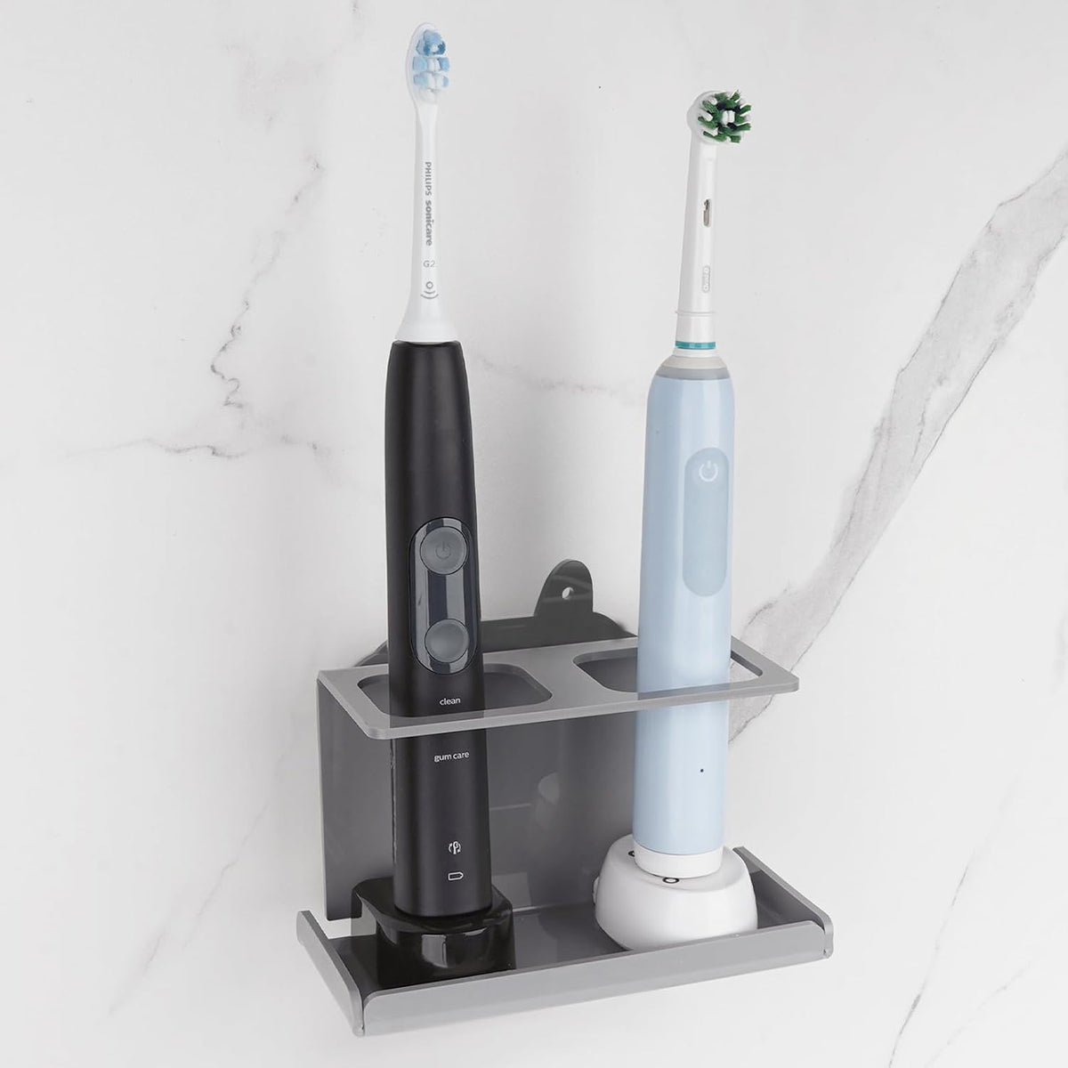 Electric Toothbrush Holder Wall Mounted, Electric Toothbrush Cord Organizer Holds 2 Chargers, Self Adhesive Electric Toothbrush Stand for Bathroom, Medicine Cabinet, Dorm(Black)