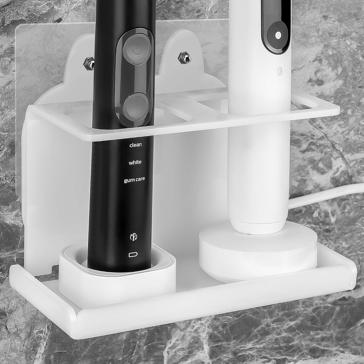 Electric Toothbrush Holder Wall Mounted, Electric Toothbrush Cord Organizer Holds 2 Chargers, Self Adhesive Electric Toothbrush Stand for Bathroom, Medicine Cabinet, Dorm(Black)