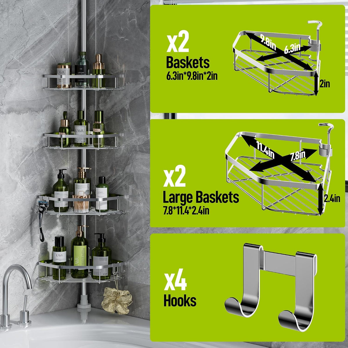 LAMU Corner Shower Caddy Tension Pole, 4-Tier Stainless Steel Organizer