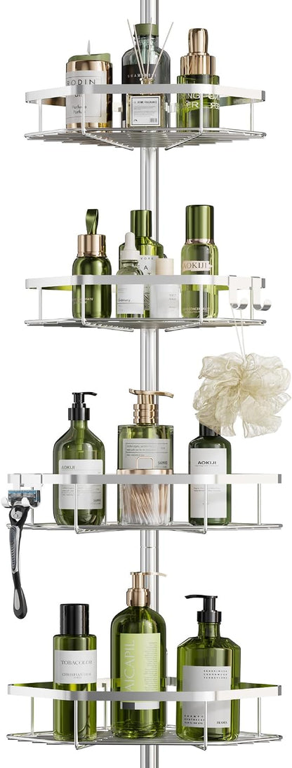 LAMU Corner Shower Caddy Tension Pole, 4-Tier Stainless Steel Organizer