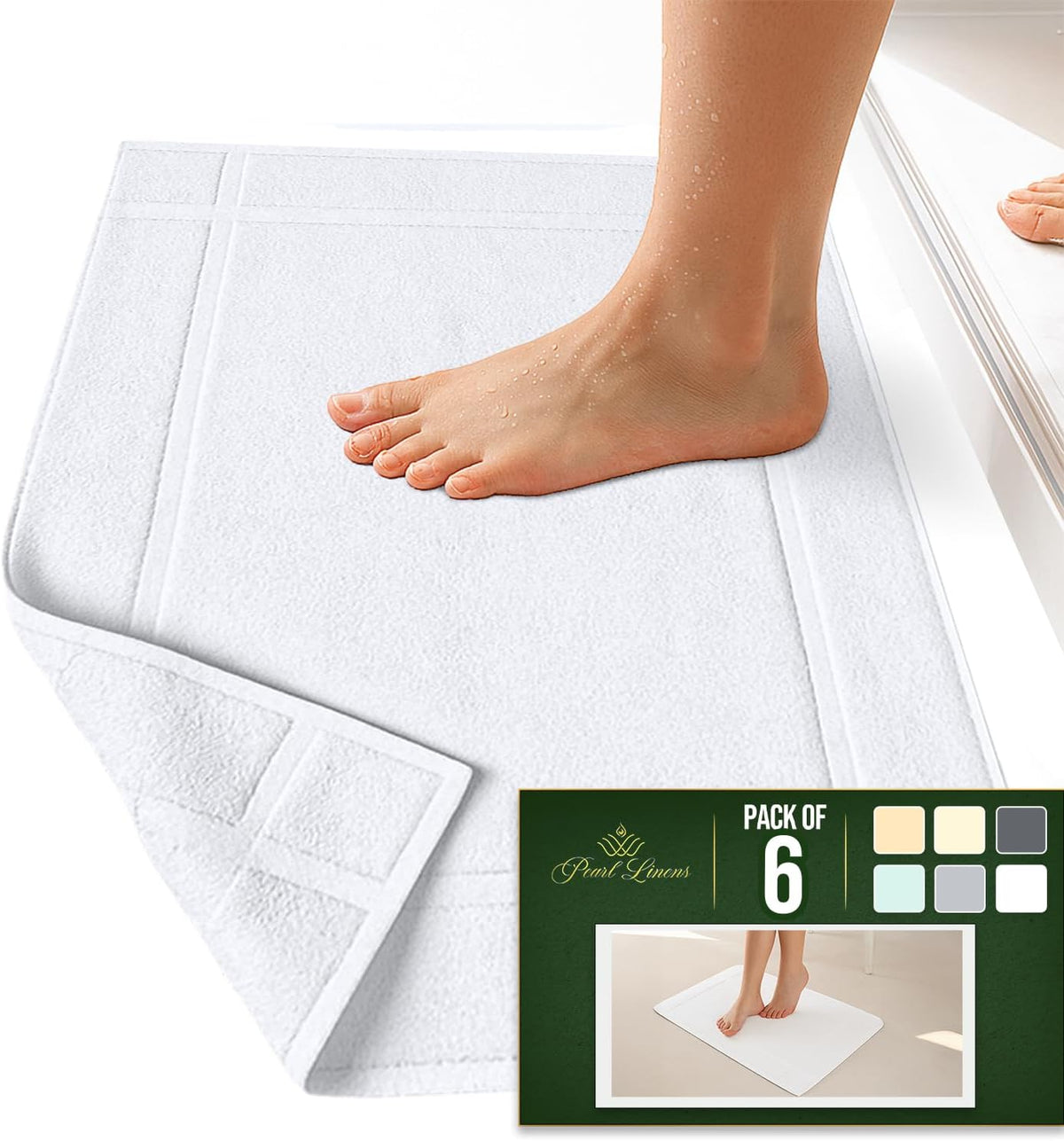 Pack of 6 100% Cotton Bath Mat Towels, 20x30 inches, Soft & Absorbent Floor Towels for Bathroom, Not Bathroom Rugs, After Shower Mat, 687 GSM, Machine Washable, Airbnb Essentials, White